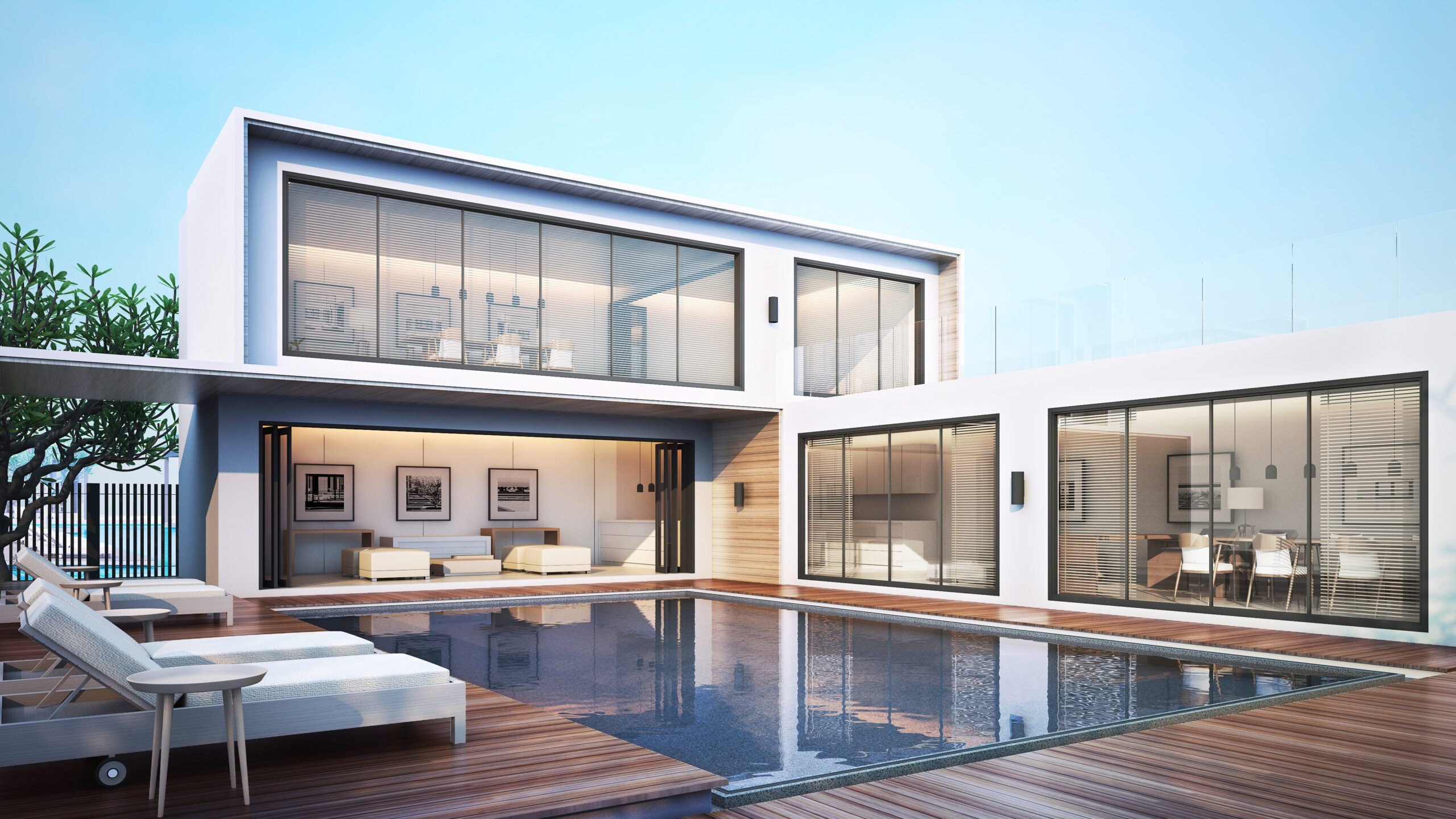 3D rendering of a modern Florida villa featuring large Hurrishield hurricane‑impact windows designed for coastal storm protection.